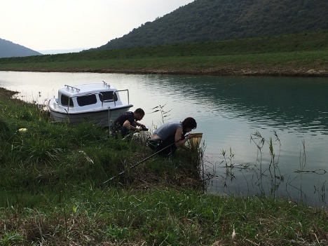 Two people using nets in a river