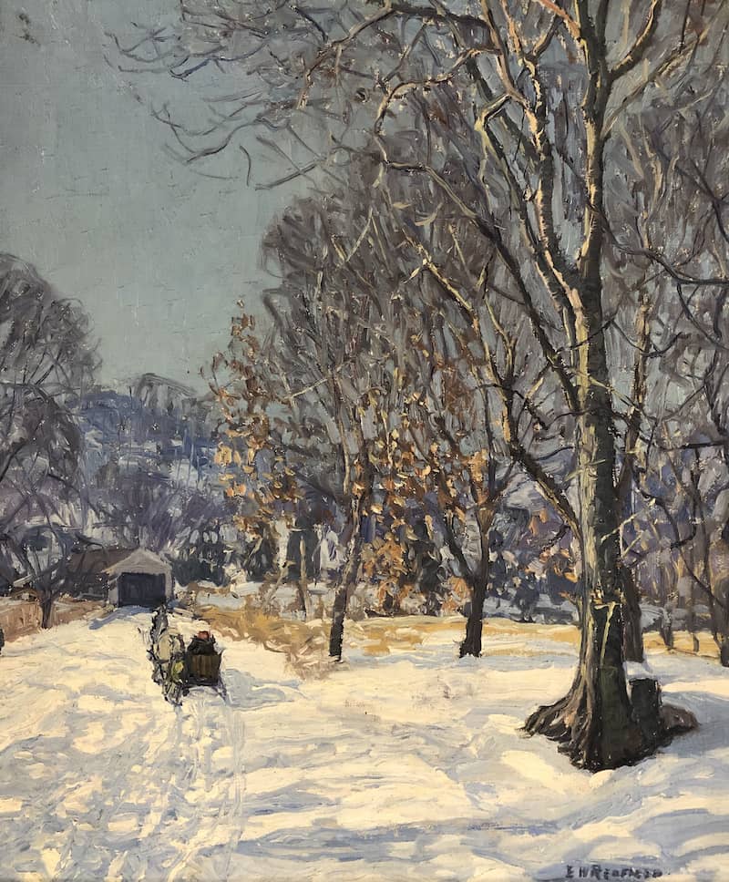 Edward Willis Redfield, Road to Lumberville. A snowy winter landscape of a tree-lined path; building in the background. 