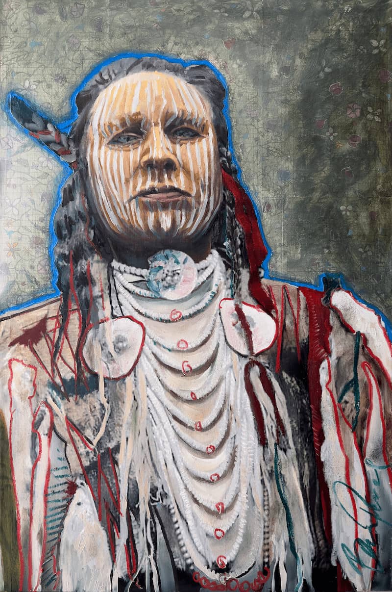 Ben Pease (Apsáalooke-Crow), “A Man’s Worth” Apsáalooke Scout White-Man-Runs-Him, 2022. Oil, acrylic, India ink, Inkjet print on paper, antique ledger paper on canvas 24 x 36 inches.