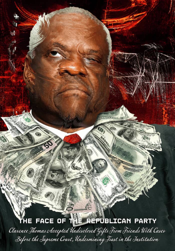 Jeff Gates, The Face of the Republican Party: Clarence Thomas Accepted Undisclosed Gifts From Friends With Cases Before the Supreme Court, Undermining Trust in the Institution, 2023. Distorted photo collage of Clarence Thomas wearing a ruff made of cash.