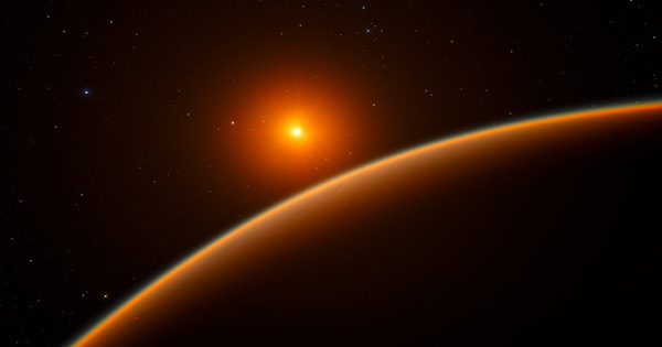 Artist's visualization of sunrise on super-Earth exoplanet LHS 1140b