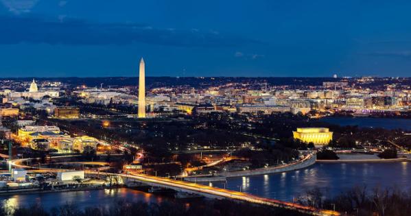 DC downtown lights and Potomac at night.