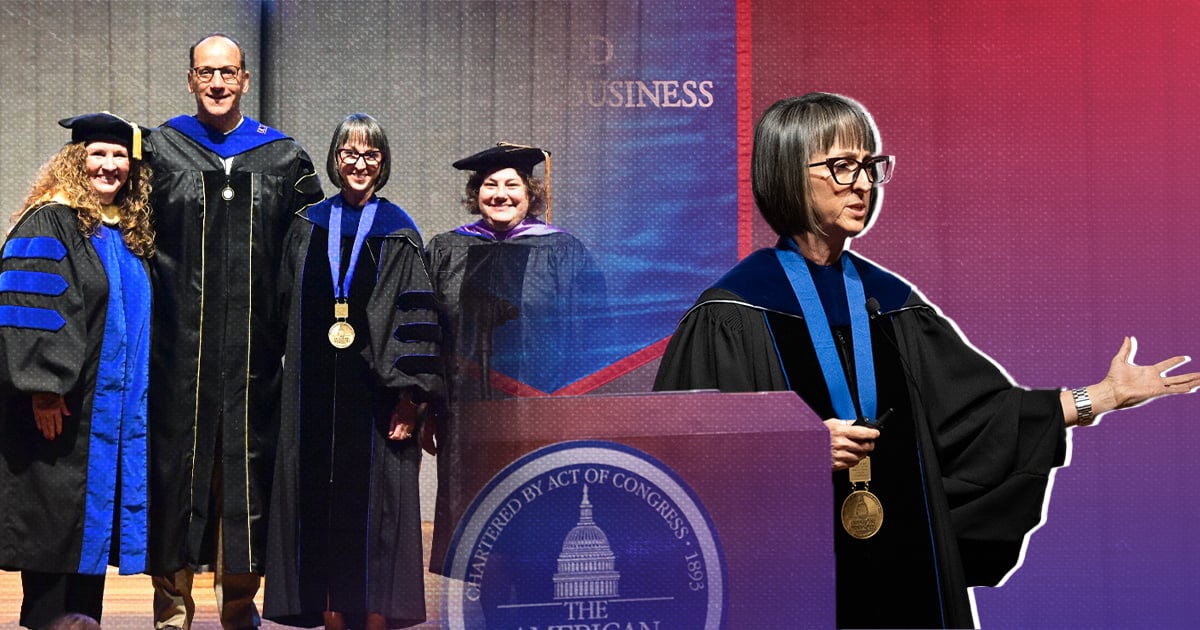 Nicole Darnell on stage at her installation ceremony as Kogod Eminent Scholar in sustainability