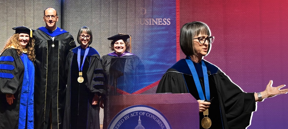 Nicole Darnell on stage at her installation ceremony as Kogod Eminent Scholar in sustainability