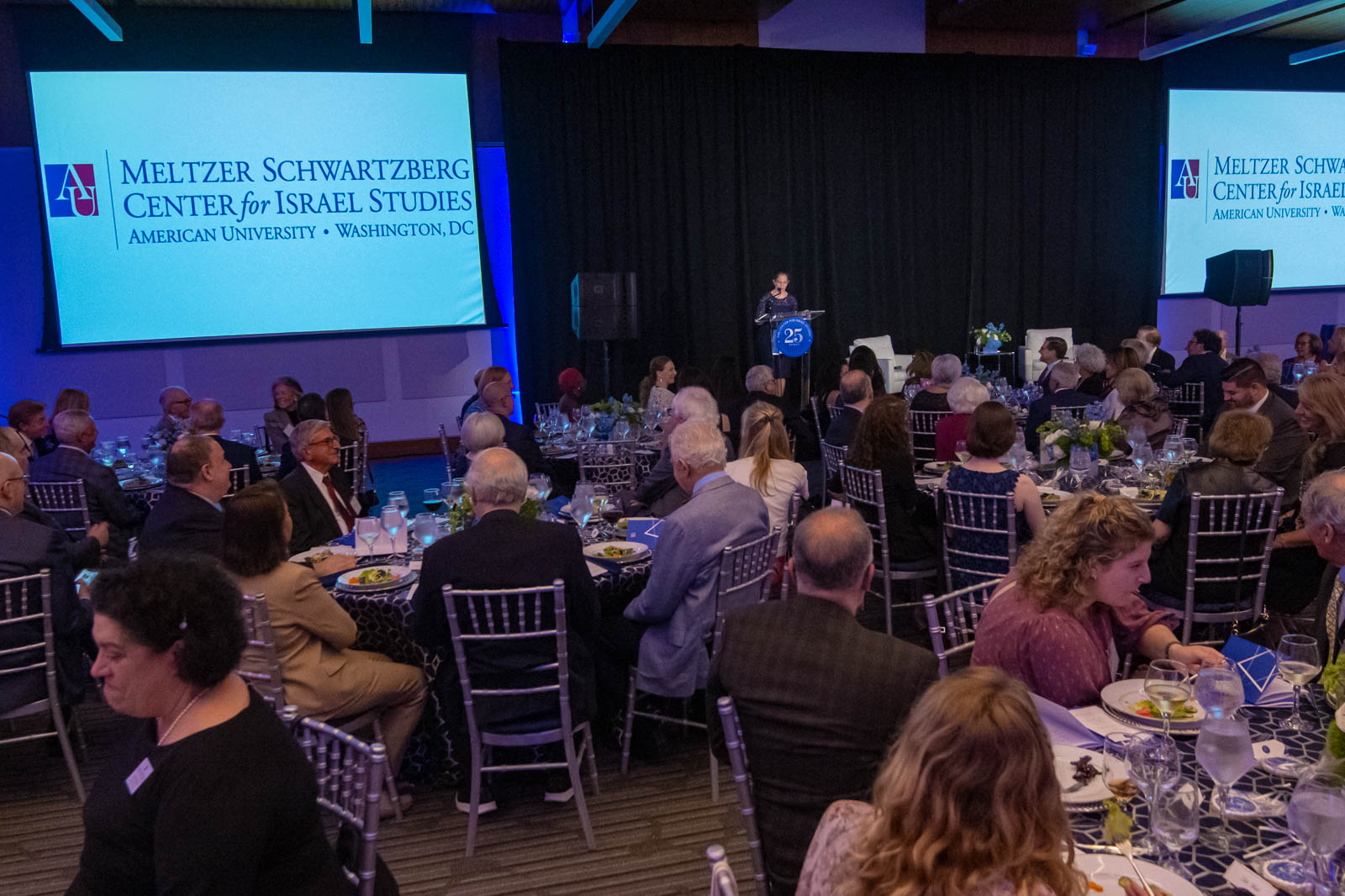 Guests seated at a dinner honoring the 25th anniversary of the Center for Israel Studies and it's renaming.