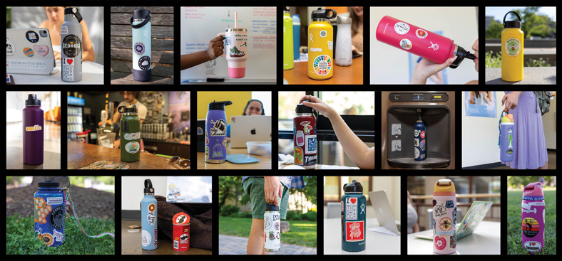 AU students' water bottles in a variety of colors featuring stickers