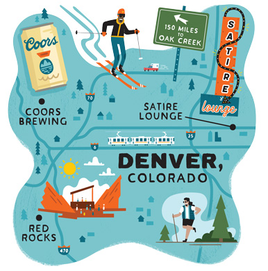 map of Denver with a Coors can, hiker, skier, and Red Rocks