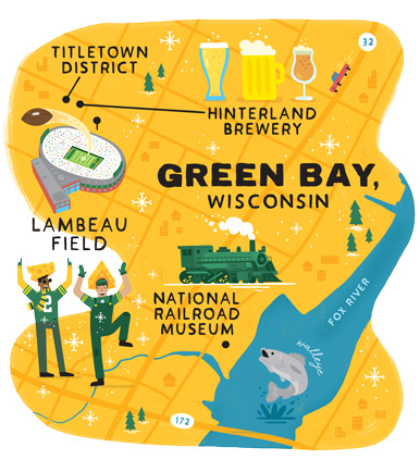 Illustrated map of Green Bay containing the National Railroad Museum, Hinterland Brewery, and Lambeau Field