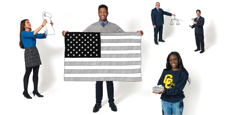 Travis Holmes, Ericka Cruz, Professors Steve Wermiel and Jamie Raskin, and Jade hold illustrated objects pertaining to the Constitution.