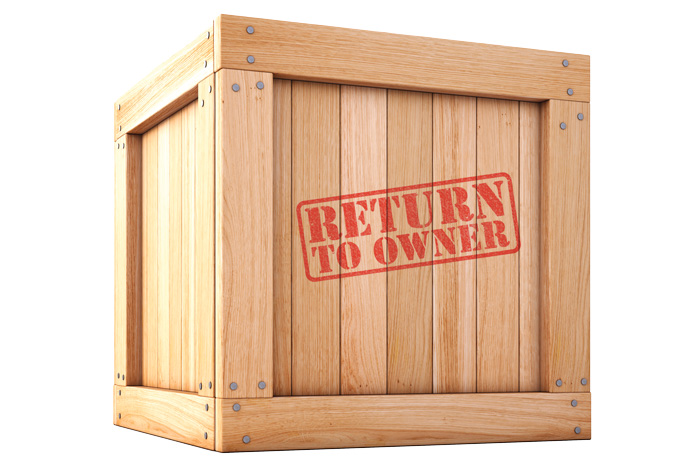 Museum crate stamped with "return to owner"