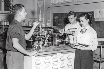 students in a science lab in the 1950s