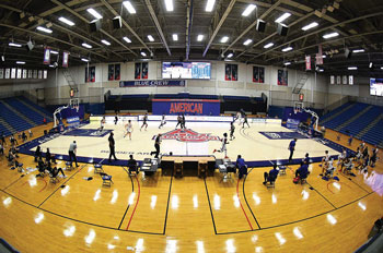 Wide-angle shot of an empty arena during AU's first men's basketball home game