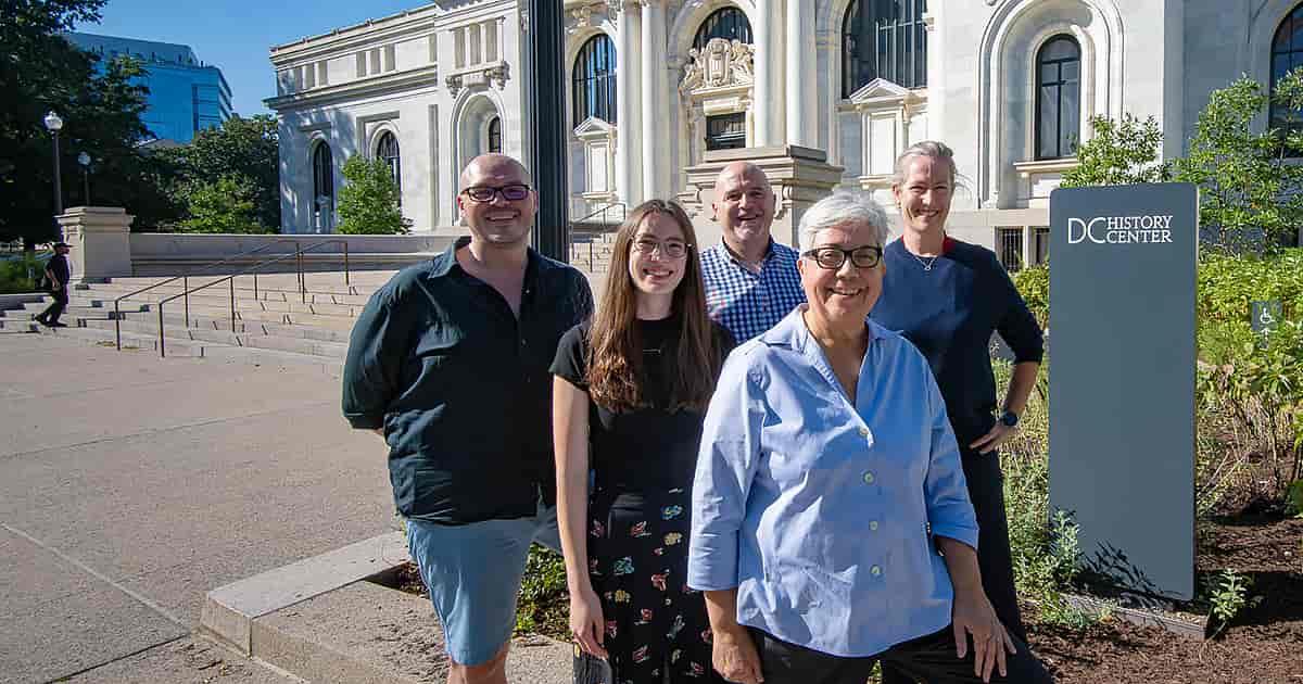 Vincent E. Slatt, Emma Busch, Prof. Salvador Vidal-Ortiz, Leti Gomez and Anne McDonough in front of the DC History Center.