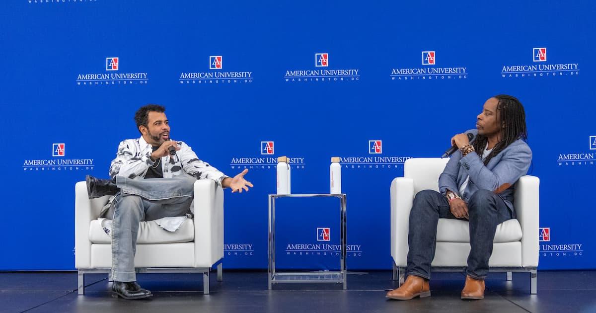 From left, Daveed Diggs speaks with SIS senior lecturer Omékongo Dibinga. Photo by Julia Gibson, student affairs. 