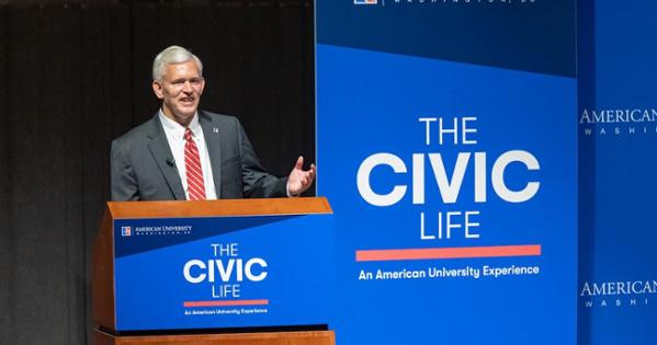 President Jon Alger speaks at Perspectives on the Civic Life Presidential Series on September 18. Photo by Jeff Watts. 