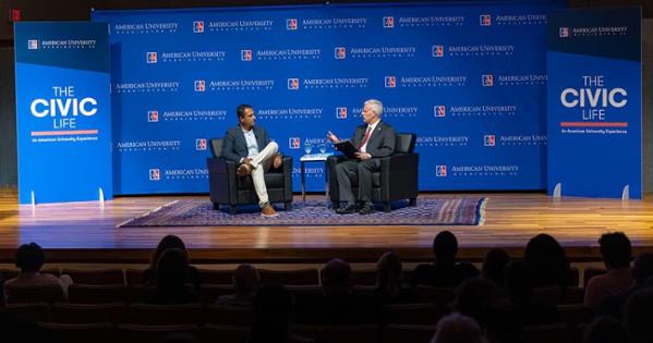 Wide shot of the stage at the Perspectives on the Civic Life Presidential Speaker Series on September 18. Photo by Jeff Watts.