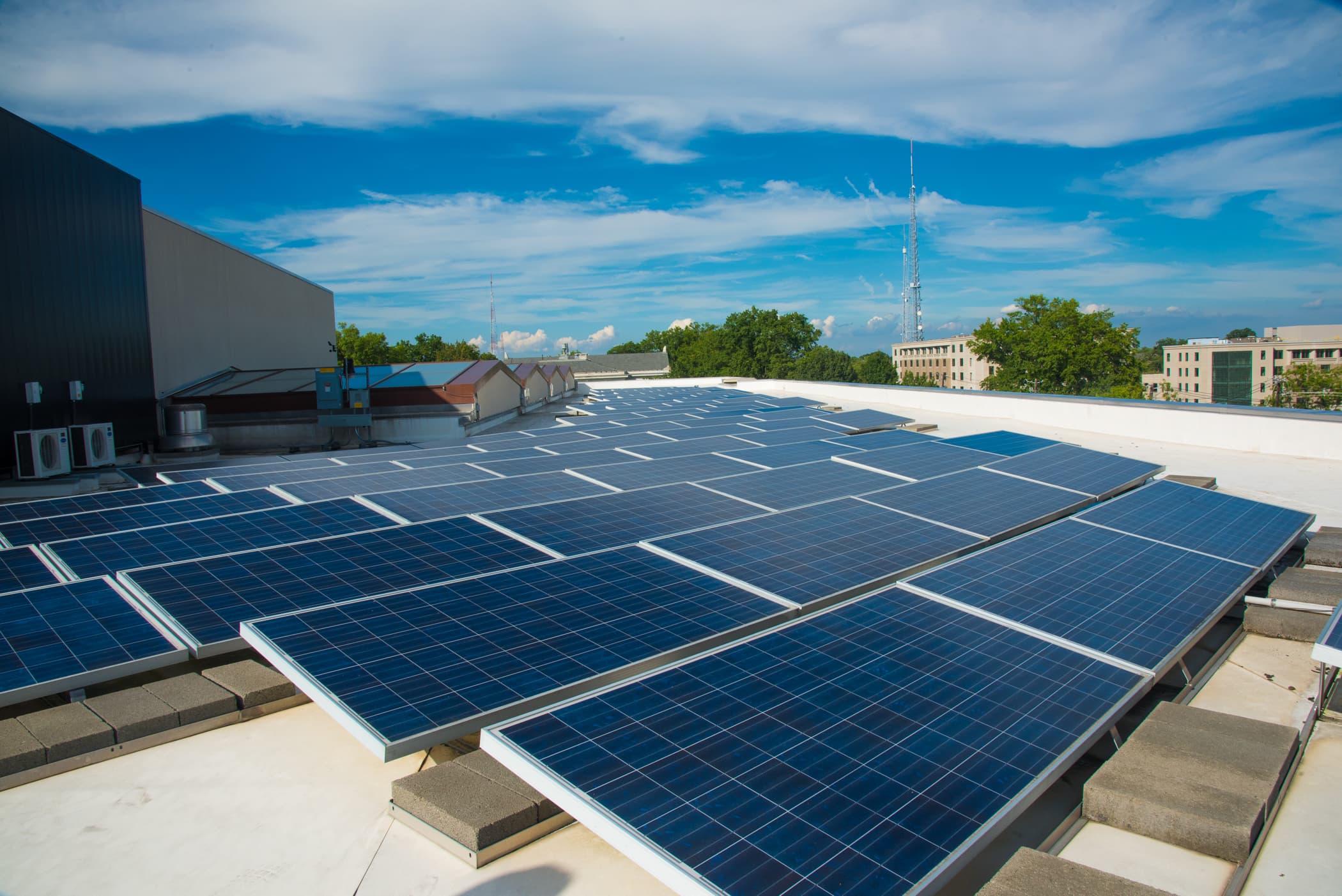 Solar panels on the roof of an AU building.