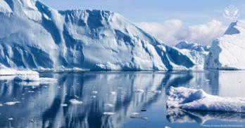 Arctic ice reflecting in the sea against a cloudy sky