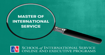 magnifying glass against a teal background with program title, master of international service