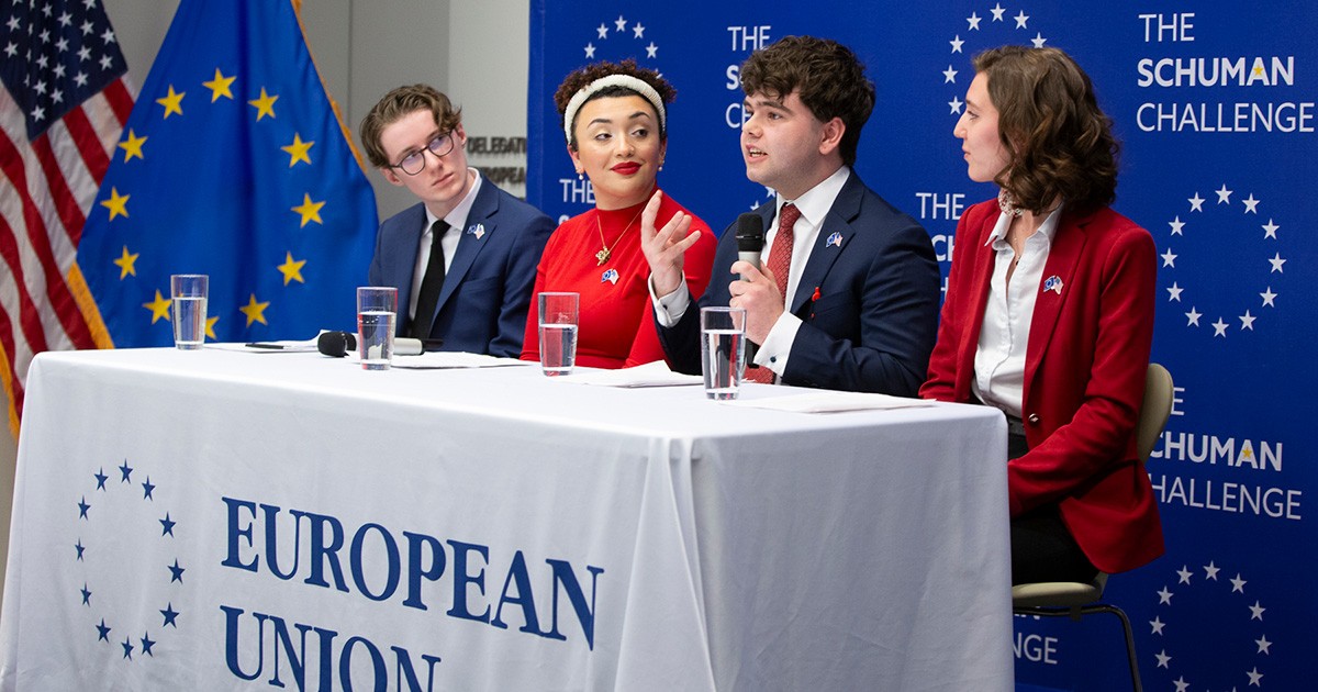 SIS undergraduate students Josh Eliot, Gabby MacKay, Kevin Farmer, and Grace Roundcount speak at the Schuman Challenge.