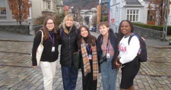 Maria Lawson, Hannah Campbell, Lillian Juarez, Grace Apostol and Tayo Ojewunmi-Ojo stand outside on their first full day in Bergen.