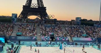 The beach volleyball stadium during the women’s Brazil versus Switzerland match