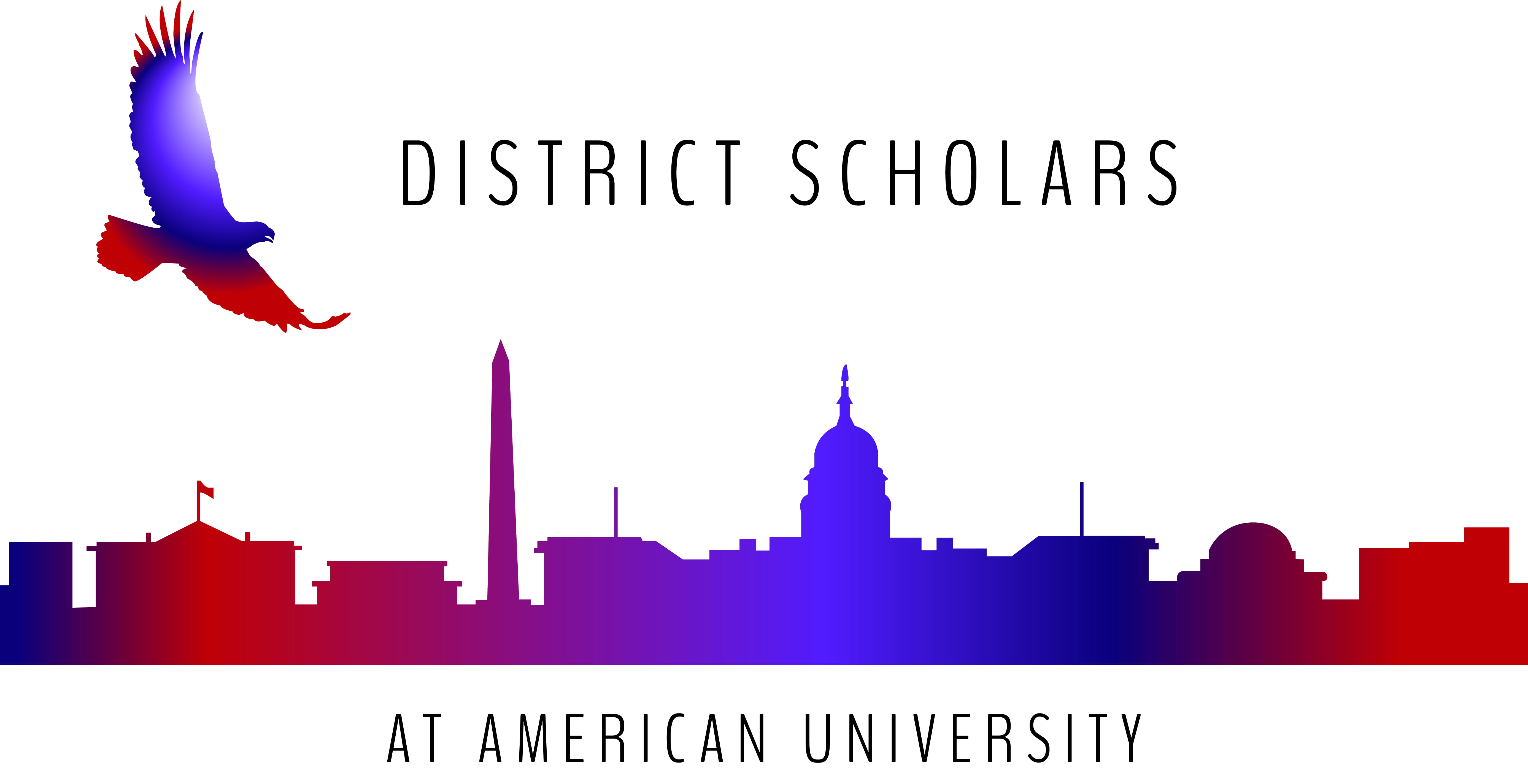 District Scholars logo, an eagle flies over a silhouette of the DC skyline